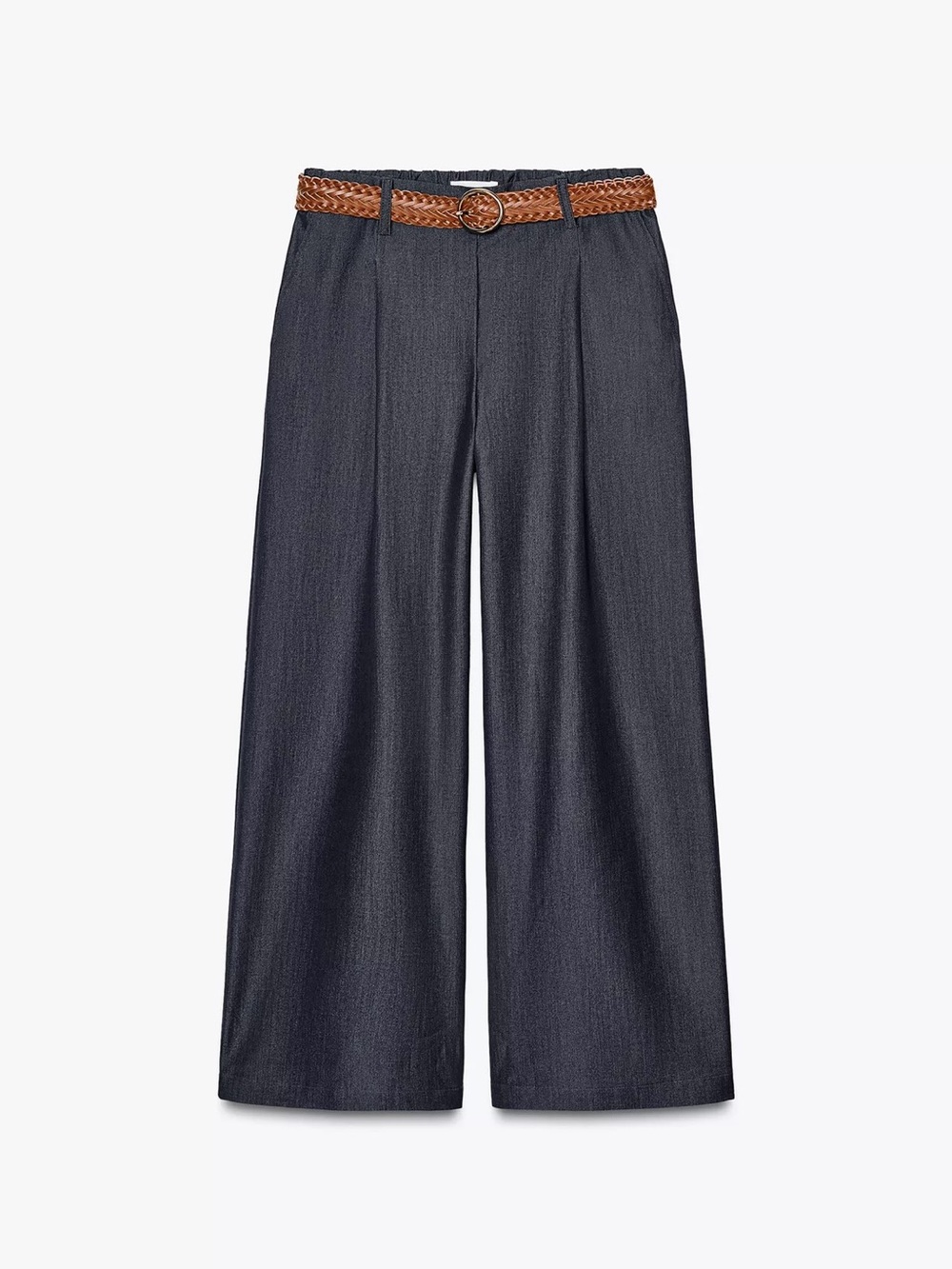 Zara Navy Wide-Leg Palazzo Trousers with Brown Braided Belt